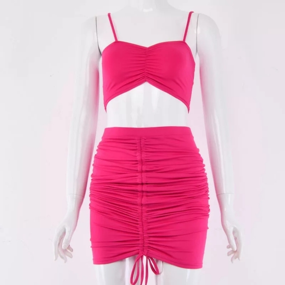 Hot Pink Two Piece Ruched Skirt Set - Picture 4 of 6